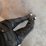 GETADME Fashionable Cross Patterned Straight Pants for Women PU Leather Hot Girl 2025 New Stylish Unique Black Pants Korean Style