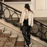 GETADME Fashionable Cross Patterned Straight Pants for Women PU Leather Hot Girl 2025 New Stylish Unique Black Pants Korean Style