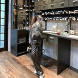 GETADME Fashionable Cross Patterned Straight Pants for Women PU Leather Hot Girl 2025 New Stylish Unique Black Pants Korean Style