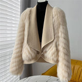 GETADME Faux Fox Fur Car Stripe Fur Coat For Women's Winter Lapel High-End Short Double-Sided Woolen Fashion Cardigan Thick Top Short
