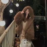 GETADME Faux Fur Jackets for Women Autumn Winter Short Bat Full Sleeve Hooded Coats Slim Spliced Thick Coat Loose Open Stitch Jacket