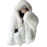 GETADME Faux Fur Jackets for Women Autumn Winter Short Bat Full Sleeve Hooded Coats Slim Spliced Thick Coat Loose Open Stitch Jacket