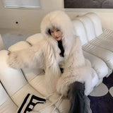 GETADME Faux Fur Jackets for Women Autumn Winter Short Bat Full Sleeve Hooded Coats Slim Spliced Thick Coat Loose Open Stitch Jacket