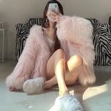 GETADME Faux Fur Jackets for Women Autumn Winter Short Bat Full Sleeve Hooded Coats Slim Spliced Thick Coat Loose Open Stitch Jacket