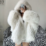 GETADME Faux Fur Jackets for Women Autumn Winter Short Bat Full Sleeve Hooded Coats Slim Spliced Thick Coat Loose Open Stitch Jacket