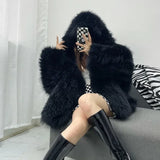 GETADME Faux Fur Jackets for Women Autumn Winter Short Bat Full Sleeve Hooded Coats Slim Spliced Thick Coat Loose Open Stitch Jacket