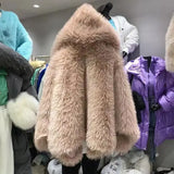 GETADME Faux Fur Jackets for Women Autumn Winter Short Bat Full Sleeve Hooded Coats Slim Spliced Thick Coat Loose Open Stitch Jacket