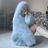 GETADME Faux Fur Jackets for Women Autumn Winter Short Bat Full Sleeve Hooded Coats Slim Spliced Thick Coat Loose Open Stitch Jacket