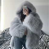 GETADME Faux Fur Jackets for Women Autumn Winter Short Bat Full Sleeve Hooded Coats Slim Spliced Thick Coat Loose Open Stitch Jacket