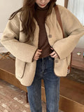 GETADME Faux Lamb Wool Jacket Women Korean Fashion Casual Short Jacket Winter Long Sleeve Coat Lady Loose Single Breasted Outerwear