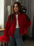 GETADME Feather Knitted Cardigan Women Fashion Patchwork Long Sleeve Single Breasted Female Sweaters 2024 Autumn Loose Lady Knitwears