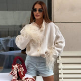 GETADME Feather Knitted Cardigan Women Fashion Patchwork Long Sleeve Single Breasted Female Sweaters 2024 Autumn Loose Lady Knitwears