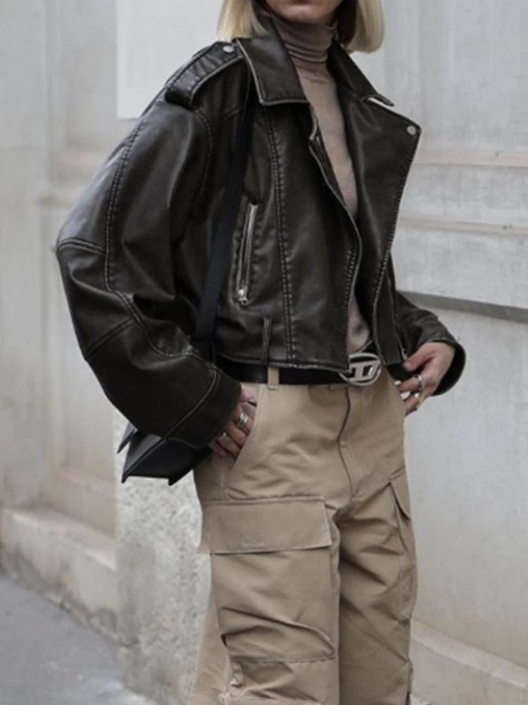 GETADME Fitaylor New Spring Autumn Vintage Moto Biker Pu Short Coat Women High Street Loose Lapel Zipper Faux Leather Jacket with Belt