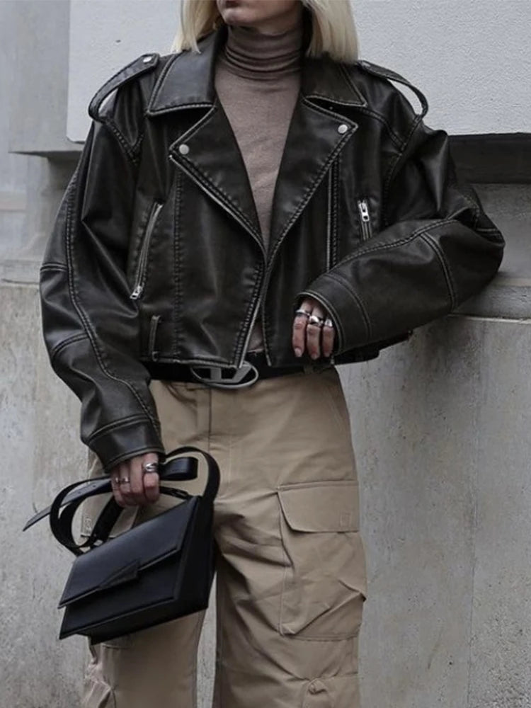GETADME Fitaylor New Spring Autumn Vintage Moto Biker Pu Short Coat Women High Street Loose Lapel Zipper Faux Leather Jacket with Belt