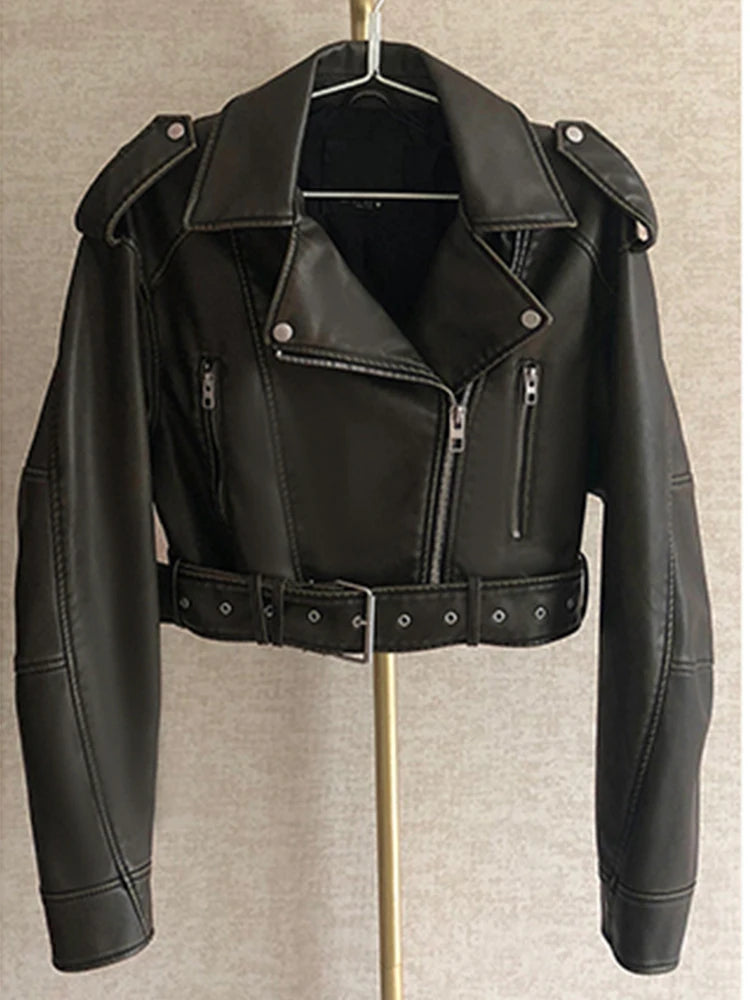 GETADME Fitaylor New Spring Autumn Vintage Moto Biker Pu Short Coat Women High Street Loose Lapel Zipper Faux Leather Jacket with Belt