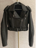 GETADME Fitaylor New Spring Autumn Vintage Moto Biker Pu Short Coat Women High Street Loose Lapel Zipper Faux Leather Jacket with Belt