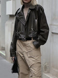 GETADME Fitaylor New Spring Autumn Vintage Moto Biker Pu Short Coat Women High Street Loose Lapel Zipper Faux Leather Jacket with Belt