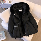Getadme Fleece Lined Hood Down Jacket Winter Coat for Women Warm Drawstring Padded Parkas Korean Casual Streetwear Female Puffer Outwear