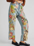GETADME 플로럴 프린트 하이웨이스트 스트레이트 진 여성 빈티지 스트리트웨어 데님 팬츠 패션 여성용 와이드 레그 배기 Y2K 데님 팬츠