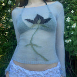 GETADME Flower Long Sleeve Knitted Crop Tops Aesthetic See Through Sweater Tees 90s Vintage Y2k Gyaru Crop Tops Jumpers Cottage Clothes