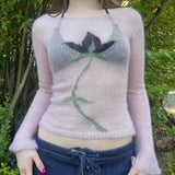 GETADME Flower Long Sleeve Knitted Crop Tops Aesthetic See Through Sweater Tees 90s Vintage Y2k Gyaru Crop Tops Jumpers Cottage Clothes