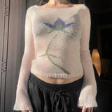 GETADME Flower Long Sleeve Knitted Crop Tops Aesthetic See Through Sweater Tees 90s Vintage Y2k Gyaru Crop Tops Jumpers Cottage Clothes