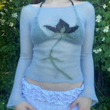 GETADME Flower Long Sleeve Knitted Crop Tops Aesthetic See Through Sweater Tees 90s Vintage Y2k Gyaru Crop Tops Jumpers Cottage Clothes