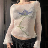 GETADME Flower Long Sleeve Knitted Crop Tops Aesthetic See Through Sweater Tees 90s Vintage Y2k Gyaru Crop Tops Jumpers Cottage Clothes