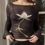 GETADME Flower Long Sleeve Knitted Crop Tops Aesthetic See Through Sweater Tees 90s Vintage Y2k Gyaru Crop Tops Jumpers Cottage Clothes
