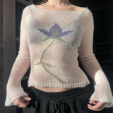GETADME Flower Long Sleeve Knitted Crop Tops Aesthetic See Through Sweater Tees 90s Vintage Y2k Gyaru Crop Tops Jumpers Cottage Clothes