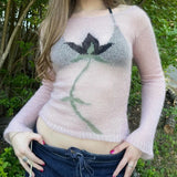 GETADME Flower Long Sleeve Knitted Crop Tops Aesthetic See Through Sweater Tees 90s Vintage Y2k Gyaru Crop Tops Jumpers Cottage Clothes