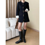 GETADME French Contrast Cuffs Spring  Autumn High Quality Tweed Black Coat Small Fragrance Korea Simple Round Neck Casual Women Jacket