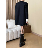 GETADME French Contrast Cuffs Spring  Autumn High Quality Tweed Black Coat Small Fragrance Korea Simple Round Neck Casual Women Jacket