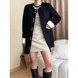 GETADME French Contrast Cuffs Spring  Autumn High Quality Tweed Black Coat Small Fragrance Korea Simple Round Neck Casual Women Jacket