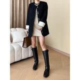 GETADME French Contrast Cuffs Spring  Autumn High Quality Tweed Black Coat Small Fragrance Korea Simple Round Neck Casual Women Jacket