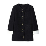 GETADME French Contrast Cuffs Spring  Autumn High Quality Tweed Black Coat Small Fragrance Korea Simple Round Neck Casual Women Jacket