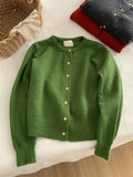 GETADME French Elegant Small Gold Button Knitted Cardigan 2025 Autumn/Winter Women's Green Round Neck Sweater Loose All-matched Jacket