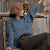 GETADME French Style Retro V-neck Loose Versatile Pullover Knitted Solid Color Sweater Fashionable Casual High Quality Chic Women's Top