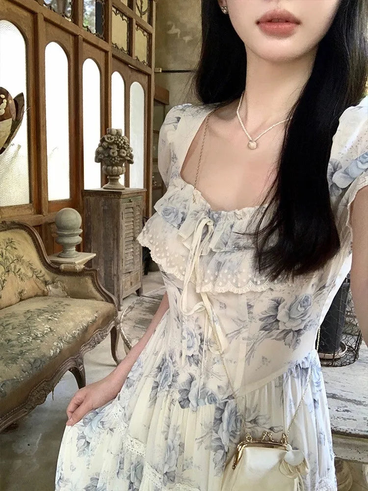 GETADME French Vintage Chiffon Floral Midi Dresses for Women Ruffles A-line Birthday Party Dress Elegant Prom Robe Summer New Vestidos