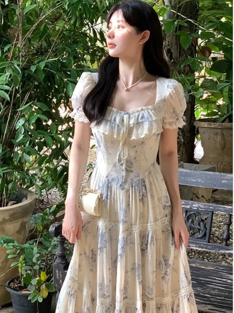 GETADME French Vintage Chiffon Floral Midi Dresses for Women Ruffles A-line Birthday Party Dress Elegant Prom Robe Summer New Vestidos