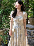 GETADME French Vintage Chiffon Floral Midi Dresses for Women Ruffles A-line Birthday Party Dress Elegant Prom Robe Summer New Vestidos