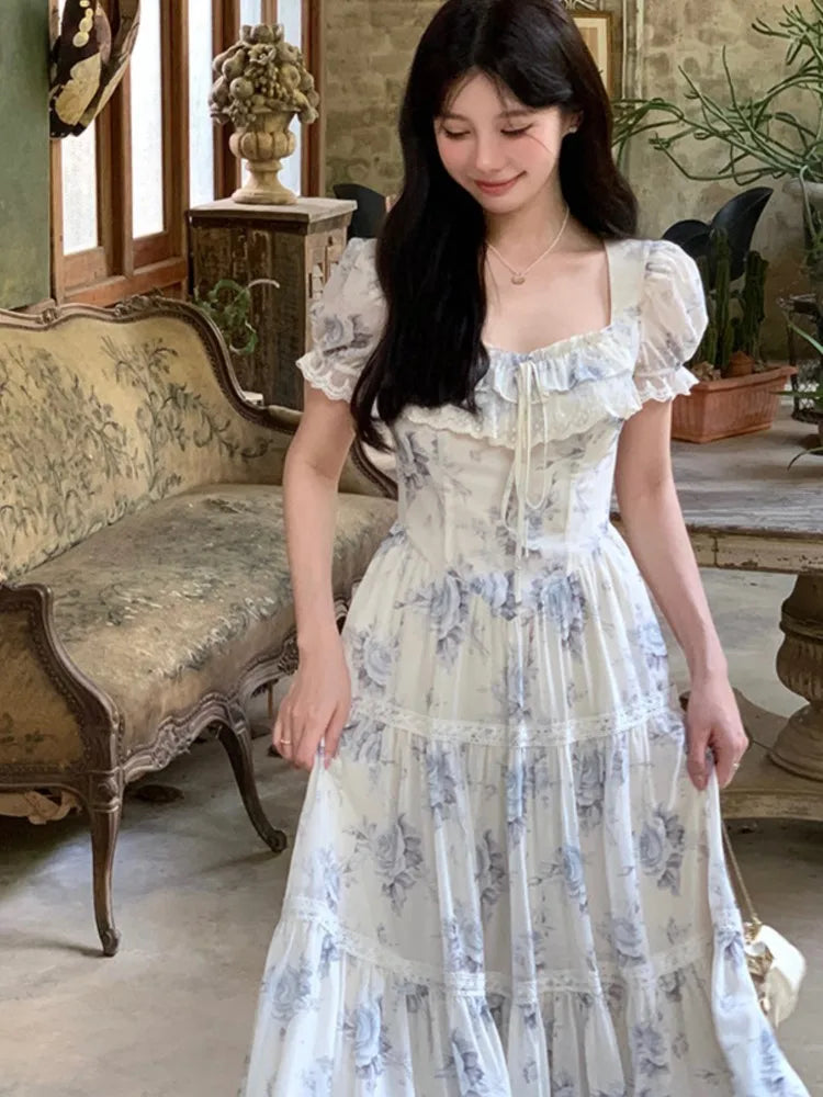 GETADME French Vintage Chiffon Floral Midi Dresses for Women Ruffles A-line Birthday Party Dress Elegant Prom Robe Summer New Vestidos