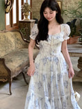 GETADME French Vintage Chiffon Floral Midi Dresses for Women Ruffles A-line Birthday Party Dress Elegant Prom Robe Summer New Vestidos