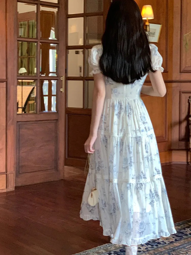 GETADME French Vintage Chiffon Floral Midi Dresses for Women Ruffles A-line Birthday Party Dress Elegant Prom Robe Summer New Vestidos