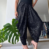 GETADME Full Sequined Patchwork Women Solid Pants 2025 Spring Summer Female Casual Pants Loose Fit All Match Lady Elastic Waist Bloomers