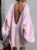 GETADME GACVGA Long Sleeve Backless Loose Knit Sweater Dress For Women 2025 Autumn Fashion Streetwear Casual O-Neck Pullovers Mini Dress