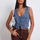 GETADME Gaono Women Sleeveless Button Down Denim Vest Deep V Neck Jean Tank Tops Y2k Sexy Going Out Solid Slim Fit Denim Crop Top
