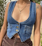 GETADME Gaono Women Sleeveless Button Down Denim Vest Deep V Neck Jean Tank Tops Y2k Sexy Going Out Solid Slim Fit Denim Crop Top