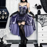 GETADME Goth Dark Gorgeous Victoria Gothic Velvet A-line Dresses Female Elegant Evening Lolita Partywear Grunge Sling Lace Hem Alt Cloth