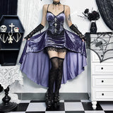 GETADME Goth Dark Gorgeous Victoria Gothic Velvet A-line Dresses Female Elegant Evening Lolita Partywear Grunge Sling Lace Hem Alt Cloth